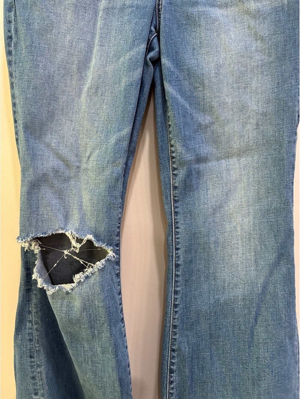 American Eagle Distressed Flared Jeans with Knee Patch - Picture 2 of 9